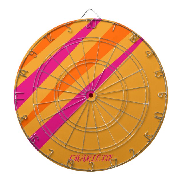 Retro Stripes Girly Monogram Pink Orange Mustard Dartboard (Front)