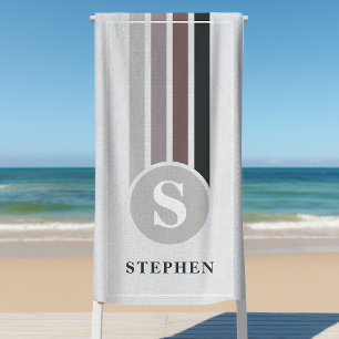 Retro Stripes Grey Taupe Monogram Name Beach Towel