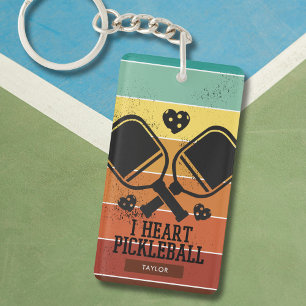 Retro Stripes I Heart Pickleball Custom Name Key Ring