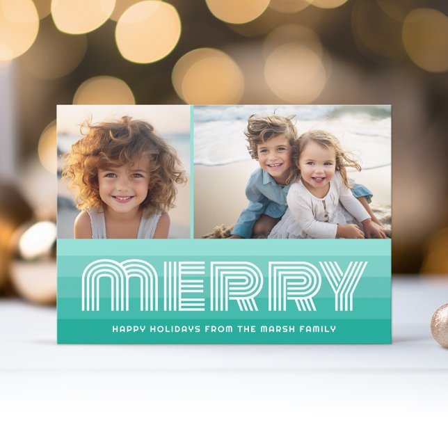 Retro Stripes in Aquamarine Blue - Merry 2 Photo Holiday Card (Retro Stripe Christmas Card with 2 Photos - Vibrant Aqua Teal - Print and Download Option)