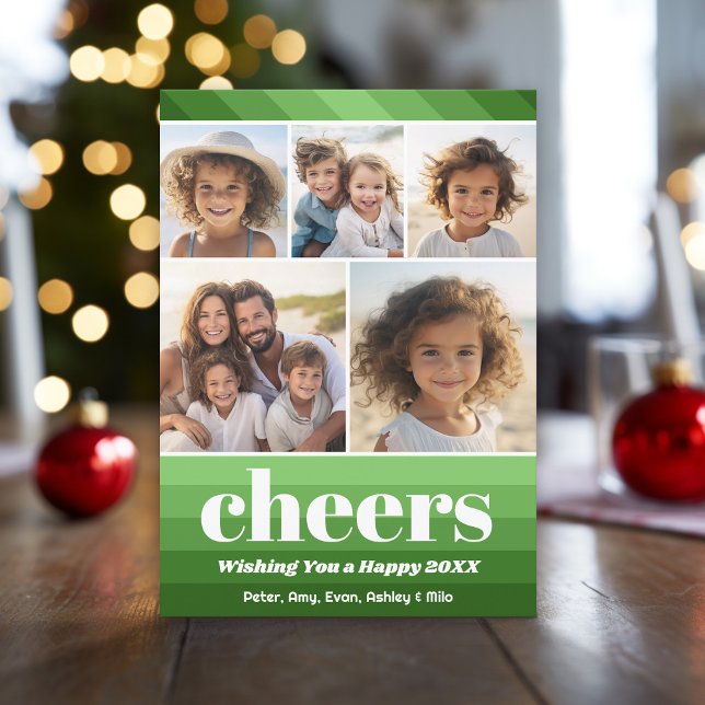 Retro Stripes in Olive Green - 5 Photo - Merry Holiday Card (Retro Stripe Green and Olive with 5 Photos)