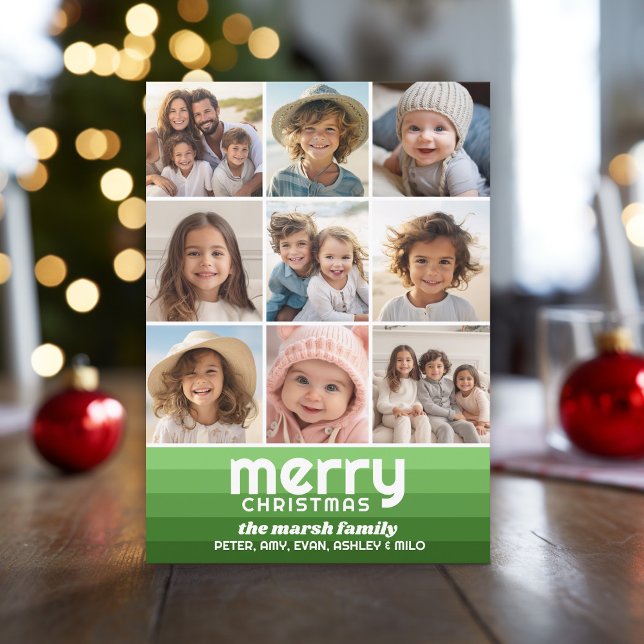 Retro Stripes in Olive Green - 9 Photo - Merry Holiday Card (Retro Stripe Green and Olive with 9 Photos)