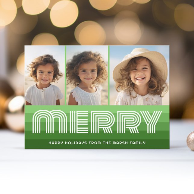 Retro Stripes in Olive Greens - Merry 3 Photo Holiday Card (Retro Stripe Christmas Card with 3 Photos - Vibrant Olive Green - Print and Download Option)