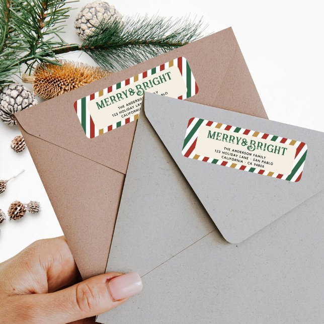 Retro Stripes Merry Bright Holiday Return Address (Creator Uploaded)