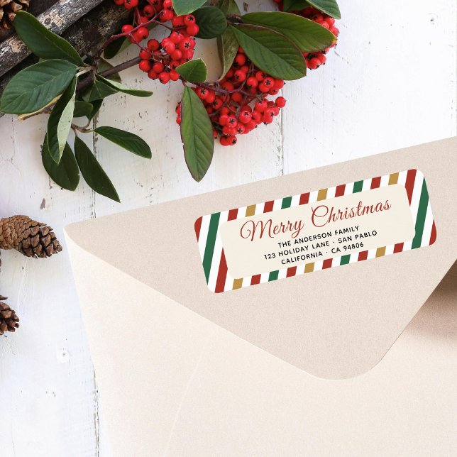 Retro Stripes Merry Xmas Script Return Address (Creator Uploaded)