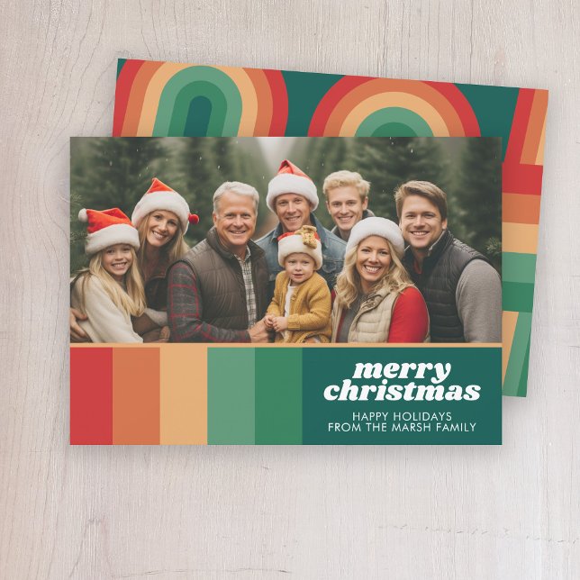 Retro Stripes - Photo - Merry Christmas Line Art Holiday Card (Retro Curvy Line art Christmas card - shades of red, orange and green)