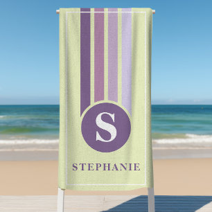 Retro Stripes Purple Monogram Name Personalised Beach Towel