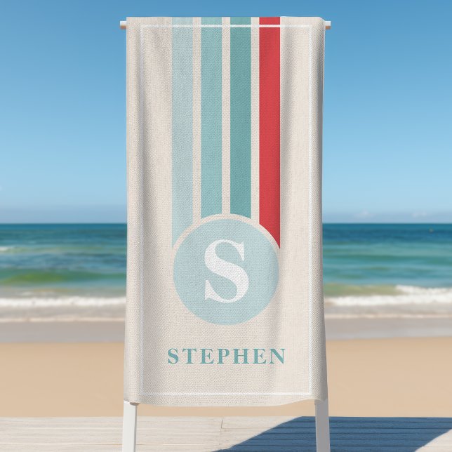 Retro Stripes Red And Blue Monogram Name Beach Towel (Creator Uploaded)