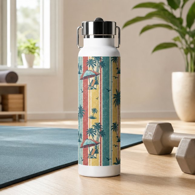 Retro Stripes Tropical Palm Trees  Water Bottle (Creator Uploaded)