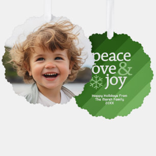 Retro Stripes with Photo - Peace Love Joy Green Tree Decoration Card