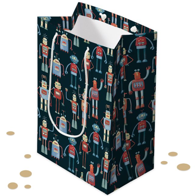 Retro Style 1950s Vintage Robots Medium Gift Bag (Fun retro robot pattern gift bag)