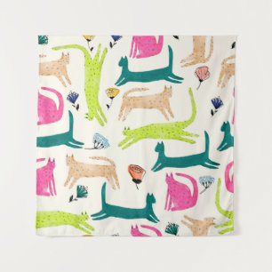 Retro style abstract flower and cat illustration s tapestry