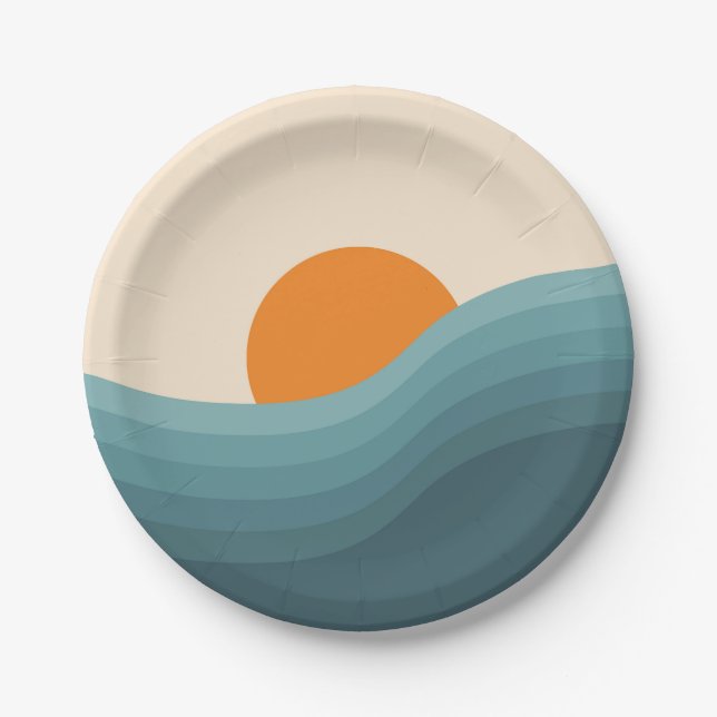 Retro style abstract sunset landscape paper plate (Front)