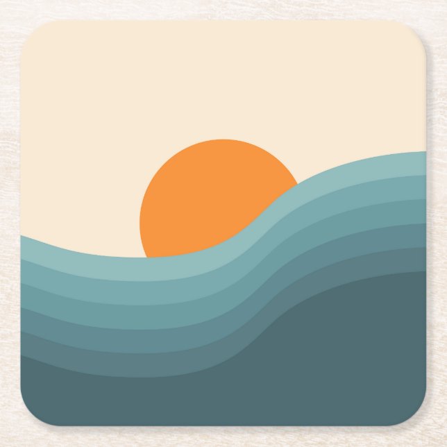 Retro style abstract sunset landscape square paper coaster (Front)