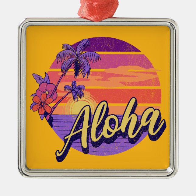 Retro style "Aloha" text design Metal Tree Decoration (Front)