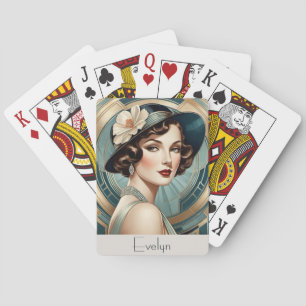 Retro Style Art Deco Inspired Portrait Woman Lady Playing Cards