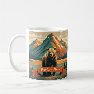 Retro-style bear cartoon and mountain range coffee mug