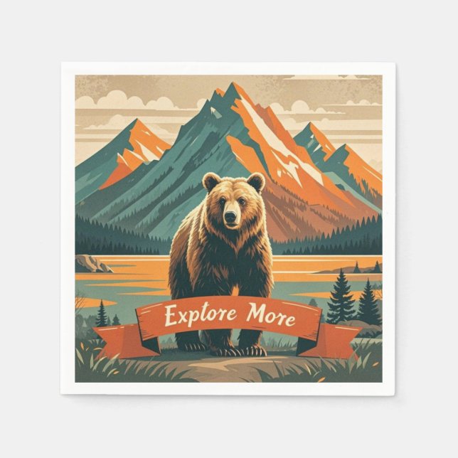 Retro-style bear cartoon and mountain range napkin (Front)