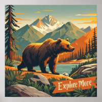 Retro-style bear cartoon and mountain range Poster