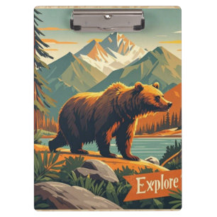 Retro-style bear cartoon and mountain range Poster Clipboard