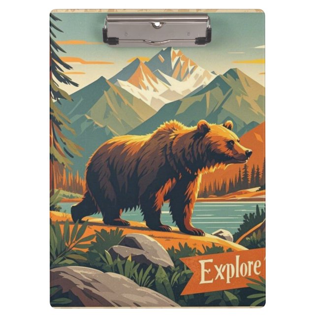 Retro-style bear cartoon and mountain range Poster Clipboard (Front)