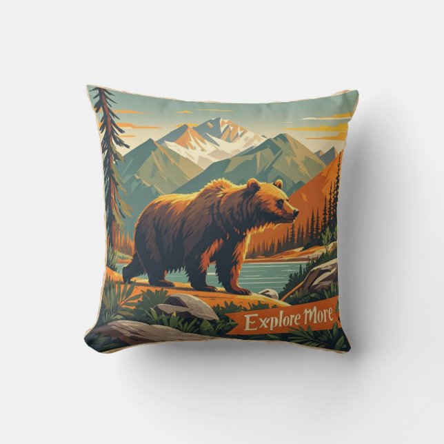 Retro-style bear cartoon and mountain range Poster Cushion (Front)
