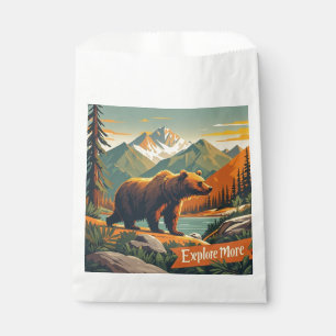 Retro-style bear cartoon and mountain range Poster Favour Bags