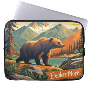 Retro-style bear cartoon and mountain range Poster Laptop Sleeve