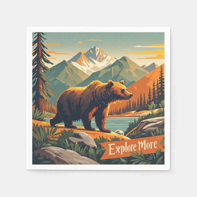 Retro-style bear cartoon and mountain range Poster Napkin (Front)
