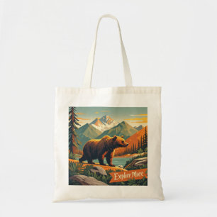 Retro-style bear cartoon and mountain range Poster Tote Bag