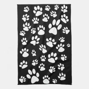 Retro-Style Black and White Scattered Paw Prints Tea Towel