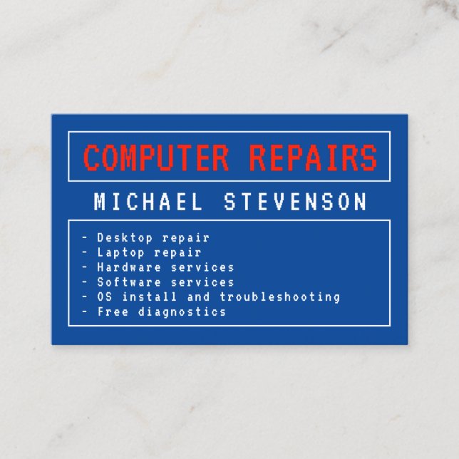 Retro style blue computer interface business card (Front)