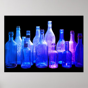 Retro Style Blue Glass Bottles In the Window Wall Poster