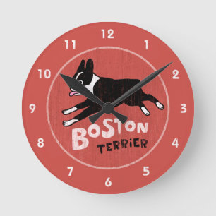 Retro Style Boston Terrier Jumping Dog Round Clock