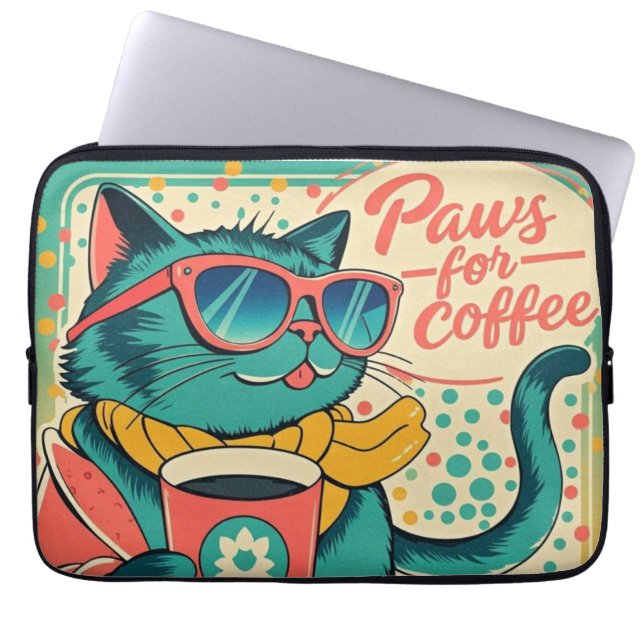 Retro-style cartoon cat wearing oversized sunglass laptop sleeve (Front)