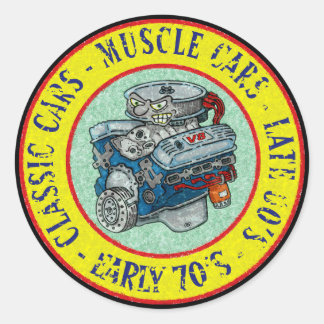 RETRO STYLE CARTOON CLASSIC V-8 ENGINE CLASSIC ROUND STICKER