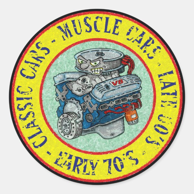 RETRO STYLE CARTOON CLASSIC V-8 ENGINE CLASSIC ROUND STICKER (Front)