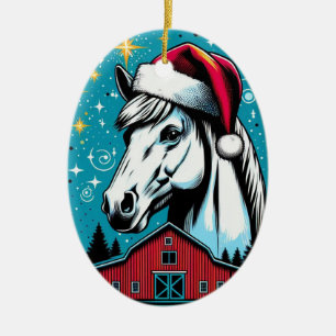 Retro Style Christmas Horse and Barn Ceramic Tree Decoration