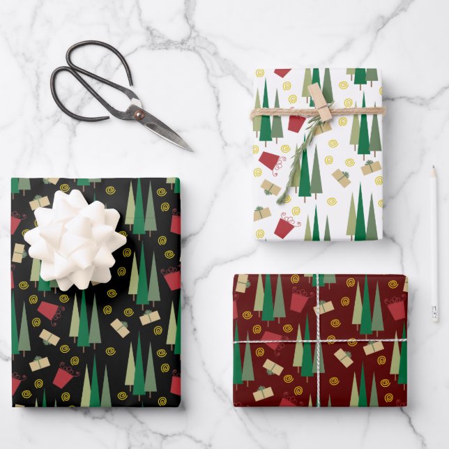 Retro Style Christmas Tree and Gift Pattern Wrapping Paper Sheet (Front)