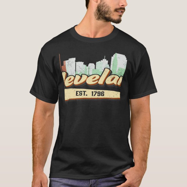 Retro Style Cleveland Ohio Lettering With Skyline  T-Shirt (Front)