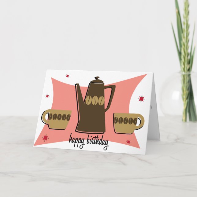Retro Style Coffee Themed Birthday Card (Pink) (Front)