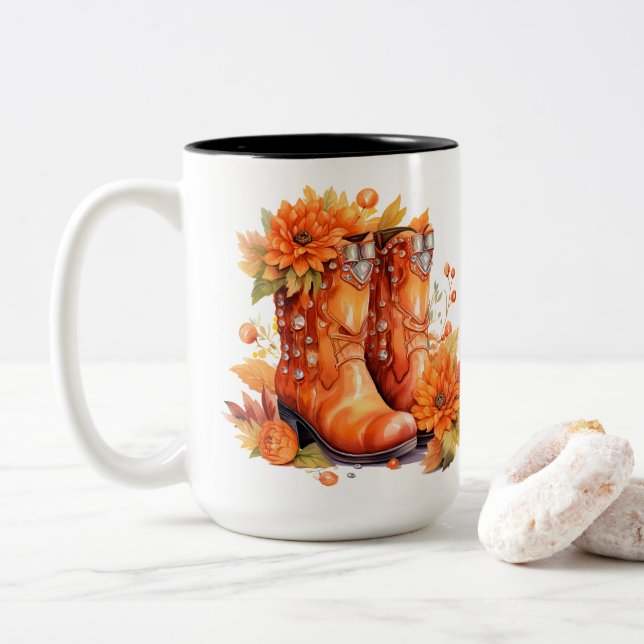Retro Style Cowboy Boots - Autumn Leaves Two-Tone Coffee Mug (With Donut)