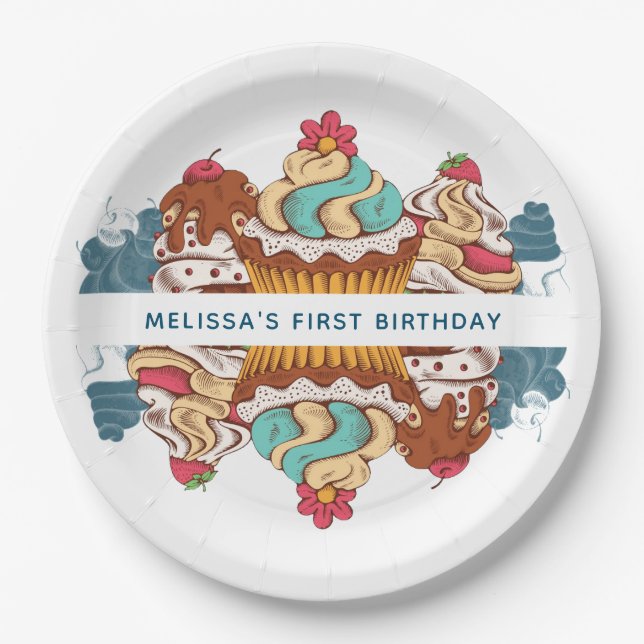 Retro Style Cupcakes Sweet Dessert 1st Birthday Paper Plate (Front)
