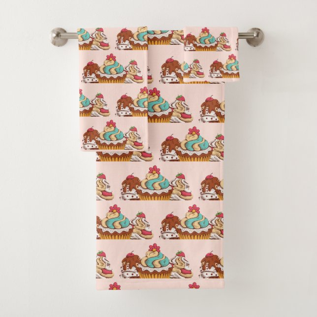 Retro Style Cupcakes Sweet Dessert Pattern Bath Towel Set (Insitu)