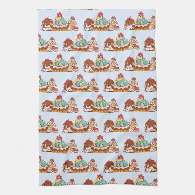 Retro Style Cupcakes Sweet Dessert Pattern Tea Towel (Vertical)