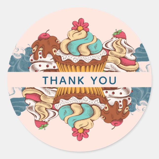 Retro Style Cupcakes Sweet Dessert Thank You Classic Round Sticker (Front)