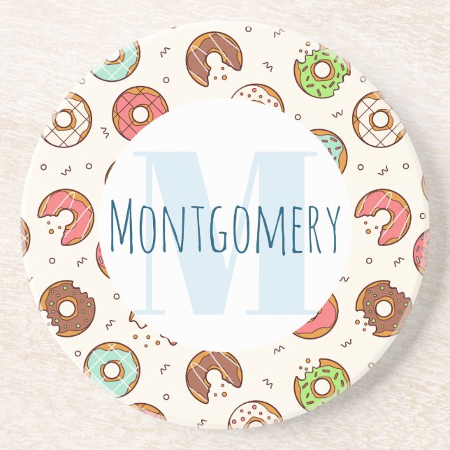 Retro Style Cute Colorful Donut Pattern Monogram Coaster (Front)