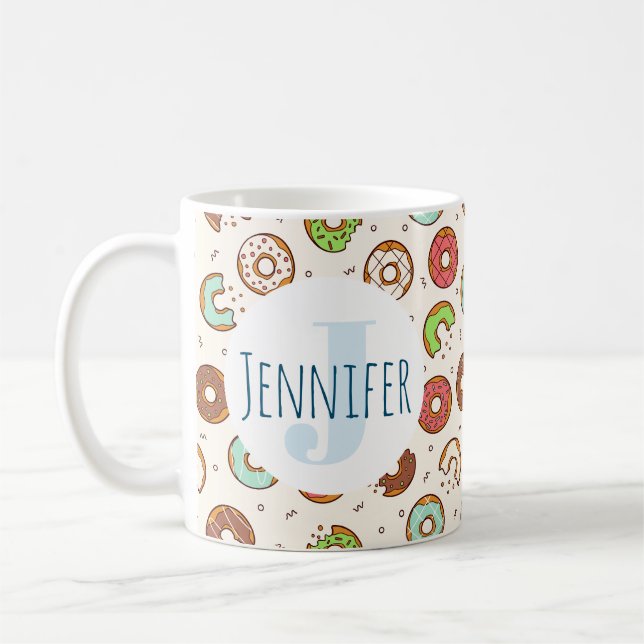 Retro Style Cute Colourful Doughnut Pattern Monogr Coffee Mug (Left)