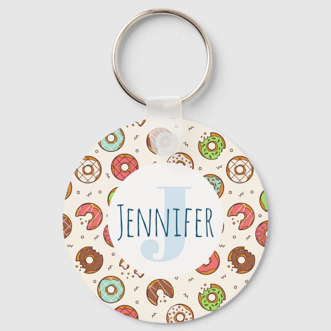 Retro Style Cute Colourful Doughnut Pattern Monogr Key Ring (Front)