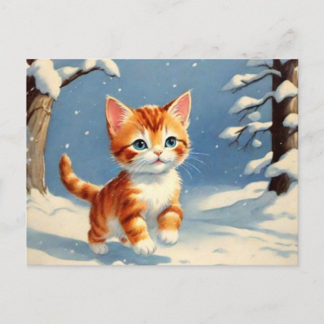 Retro Style Cute Kitten in Snow Postcard (Front)